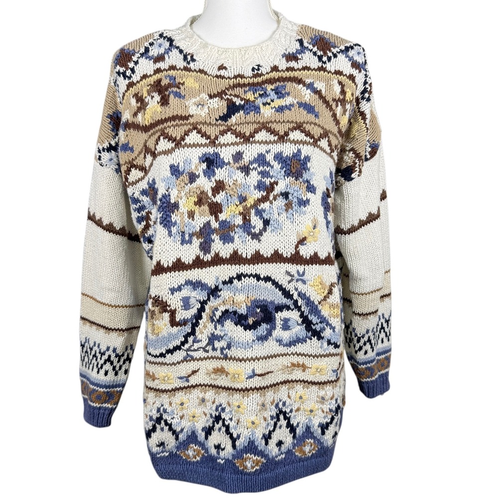 Heirloom Collectible Vintage Women's Sweater M Nordic Floral Knit‎ Cotton Ramie